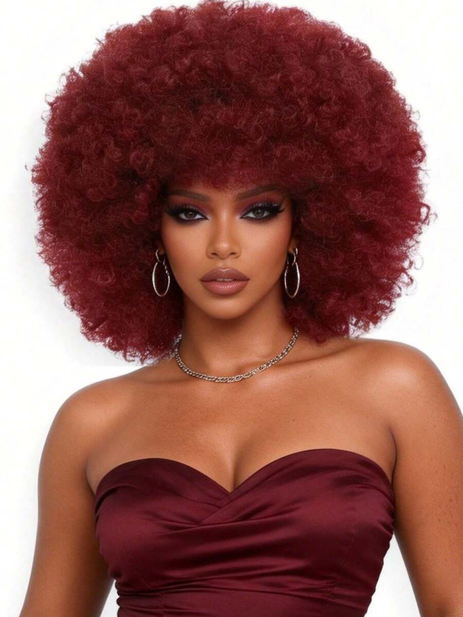 Afro Wig 14Inch Afro Wigs For Women 70s Mixed Brown Afro Kinky Curly Wig Bouncy Huge Fluffy Puff Wigs Synthetic Hair For Cosplay Daily And Party - 酒紅色 - 查看 1