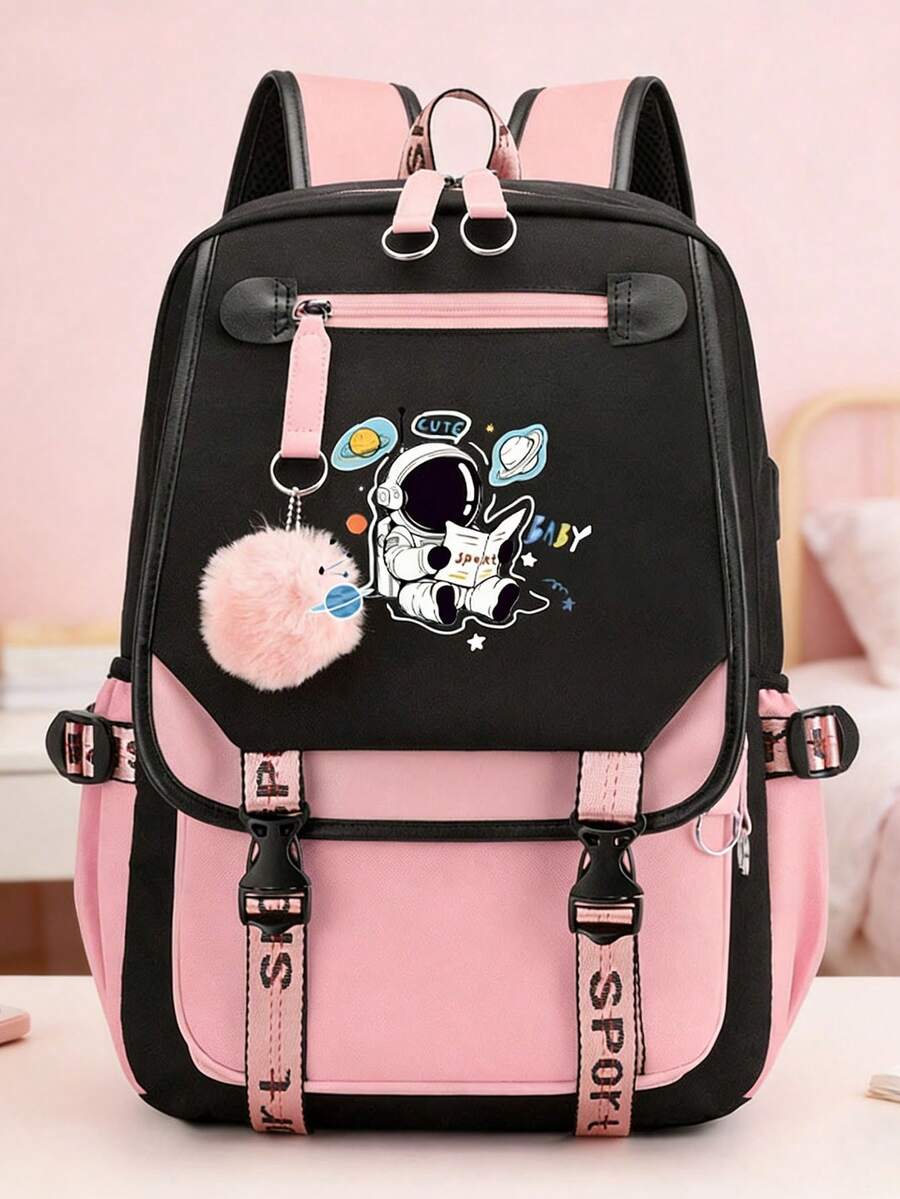 Leisure Multifunctional Lightweight Backpack Designed For Reading Newspapers By Astronauts, With Pink Plush Decoration, Simple, Fresh, Large Capacity, Lightweight Spine Protection Backpack, Lightweight Travel Backpack, Suitable For Daily Commuting And Travel Use, Perfect Holiday Gift Choice - one-size - View 1