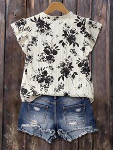 花卉印花荷叶边钥匙孔领口衬衫 - 香檳色 - 查看 2