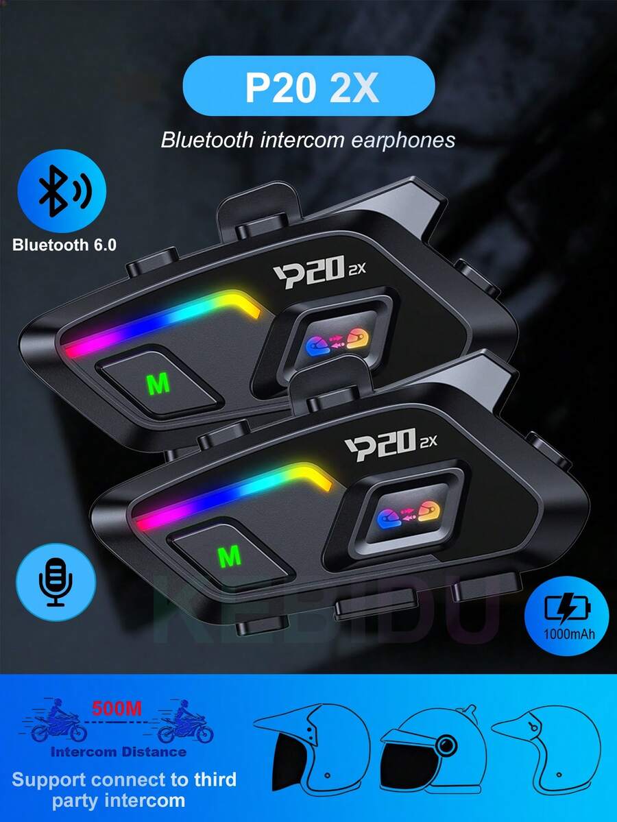 2pcs P20 500M Motorcycle Helmet Bluetooth 6.0 Wireless Intercom, 500M Music Sharing Headphone Loudspeaker, Motorcycle Accessories - P20 2X - Xem 1