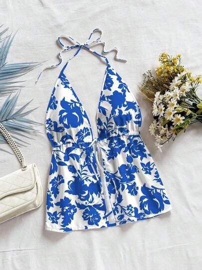 女士时尚印花吊带背心，全身印花，随机花卉图案，系带后背，交叉肩带，抽绳设计，适合度假和海滩休闲穿着