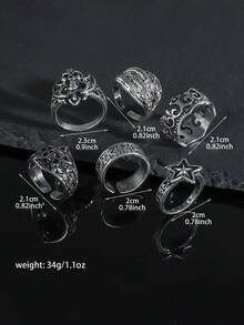 Set de 6 anillos geométricos lisos de acero inoxidable con diseños de estrella y calavera, al estilo clásico europeo y americano, adecuados para uso diario de hombres, fiestas y regalos de vacaciones - color acero - Ver 5