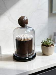 1 Set Minimalist Transparent Acrylic Toothpick & Cotton Swab Storage Box | Dust-Proof Container With Wooden Knob Lid | Modern Vanity Organizer For Bathroom Decor - A - View 6