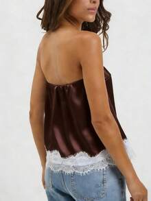 Awevudst Women Lace Trim Satin Tube Tops Loose Summer Bandeau Tank Tops Beachwear Party Clubwear Going Out Tops - 巧克力色 - 查看 3