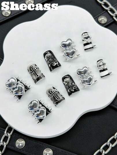 10pcs Handmade Press On Nails Duck Nails Short Nails Black Nails Punk Heart Star Y2k With 3pcs Nail Art Tools Nail Glue Nail Supplies Fake Nails Acrylic Press On Nails For Women And Girls To Party Travel Daily School Music Festival Summer Nails Travel Vocation Music Festival