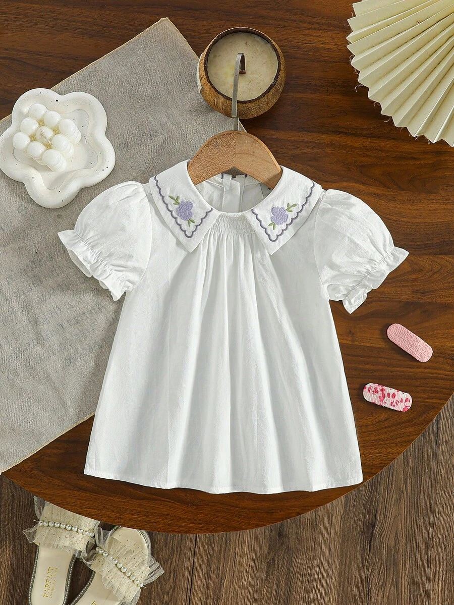 Young Girl Summer Cotton Petal Sleeve Shirt With Bindweed Embroidery - White - View 1