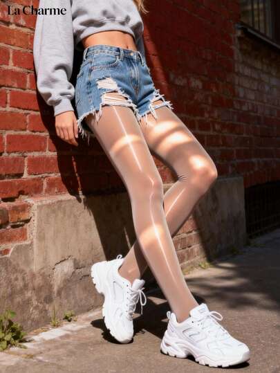 1pc 50D Shiny Transparent Tight Leggings, Layered Fashionable Women Plus Size Apricot Stockings, Durable, Comfortable, Soft Pantyhose, Sexy Fashionable Tights, Suitable For Valentine's Day, Nightclub, Daily Wear, Temperature 15~30°C, Spring/Summer