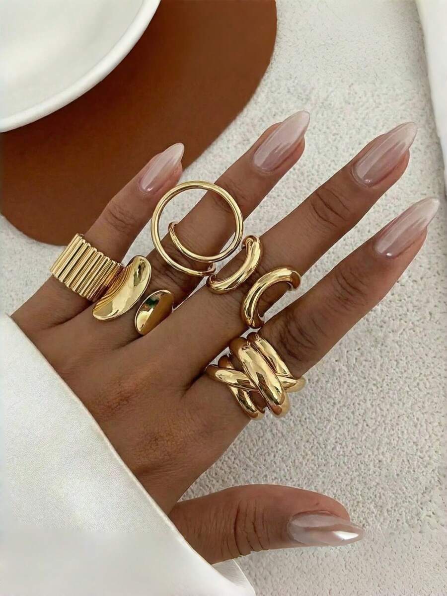 Set de 5 inele vintage, elegante și la modă, linii geometrice groase din metal solid, stil boem exagerat, finisaj neted, set de inele stivuibile din mai multe piese, potrivit pentru zi cu zi, petrecere, nuntă, cadou pentru femei - Aur Galben - Vizualizare 1