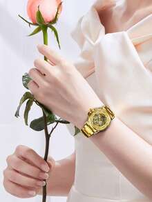 T-WINNER 1件女士时尚优雅奢华镂空自动机械表，不锈钢表带，商务休闲皆宜，附赠礼盒 - 金色 - 查看 5