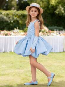 2pcs/Set Girls' Elegant Square Neck Ruffle Hem Dress With Detachable Sleeves, Suitable For Banquet, Party, Halloween, Christmas, Autumn/Winter - Baby Blue - View 2