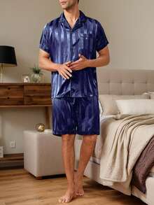 Men's Satin Pajama Set, Novelty Gift, Lightweight Breathable Quick-Dry Comfortable Fabric, Gift For Friends/Partner/Lover, Party/Birthday Present - Blue - View 4