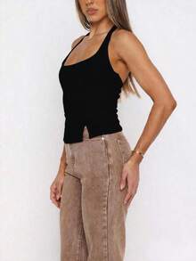 Sexy & Fashionable Versatile Backless Cropped Camisole Top With Fish Tail Hem, New Spring/Summer Outerwear Casual Black - Black - View 4