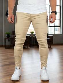 Black Tailored Trousers, Plain, Traditional Style, 4% Lycra - 香檳色 - 查看 1