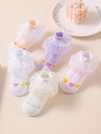 1/5 Pairs Girls/Kids' Solid Color Dance Socks, Colorful Heart Decor/Retro Striped Design, Cute Versatile Soft Comfortable Breathable Double-Layer Lace Trim Socks, Suitable For Festivals, School, Performances, Matching Princess Dresses, Spring/Summer