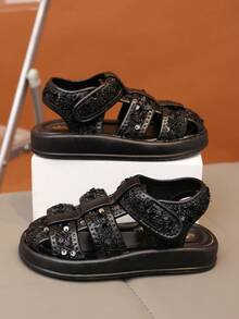 1双复古女童凉鞋，新款夏季闭趾时尚透气镂空沙滩鞋，软底防滑 - 黑色 - 查看 5