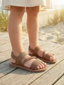 1 par de sandalias planas de verano para niños, con banda elástica deslizante, punta redonda, color marrón versátil, diseño minimalista, adecuadas para la playa, vacaciones y uso diario - Marrón - Ver 6