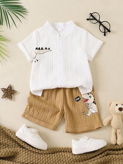 2pcs/Set Young BoySeersucker Textured King Collar Shirt And Shorts Set, Casual For Summer Vacation & School, 4-7Y