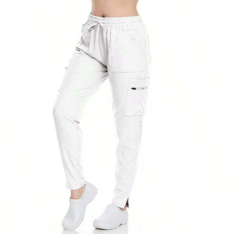Women's Scrub Pants With Pockets Straight-Leg Jogger Workwear 4-Way Stretch Elastic Waist Adjustable Drawstrings Fitted Bottoms - trắng - Xem 1