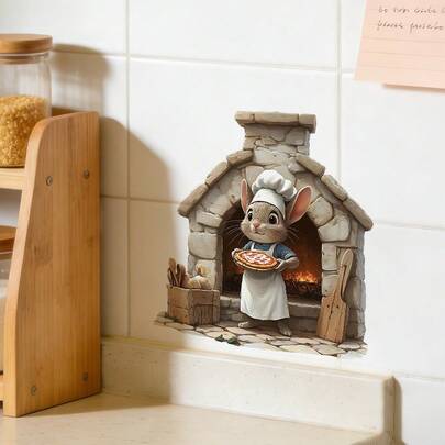 1/4 套可爱披萨厨师主题兔子和老鼠墙贴，可移除自粘PVC静电贴，适用于厨房、餐厅、披萨店和客厅墙面装饰