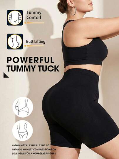 1件大码女式黑色高腰无缝罗纹塑形短裤，花卉刺绣设计，有效塑造腰部、腹部和大腿线条，提臀塑形，无束缚感，适合瑜伽、健身和日常穿着。