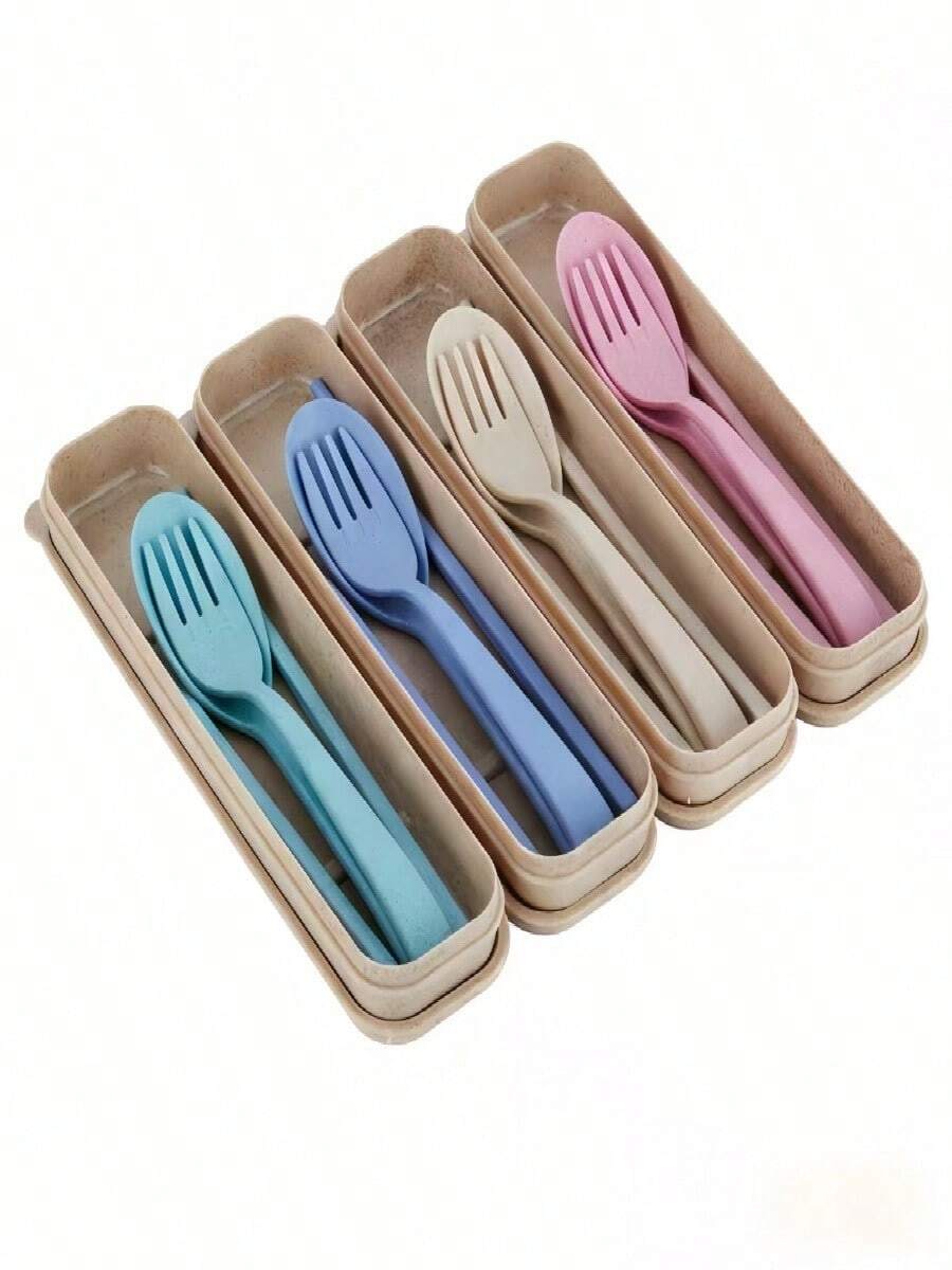 1/2/4 Sets Portable Reusable Striped Plastic Cutlery Set, 3-Piece Fork Spoon Knife Kit With Storage Case, Lightweight Smooth Finish Utensils For Camping Picnic Travel Office Lunch, Kitchen Daily Tableware For Adults, Back To School Supplies Christmas Gift Outdoor Party Essentials - 彩色 - 查看 1