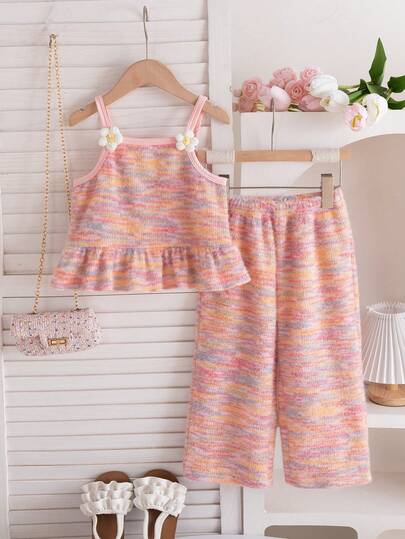 2pcs/Set Girls Cute Colorful Striped 3D Floral Camisole Top & Matching Striped Pants Set, Suitable For Daily, Casual, Outdoor, Commute, Holiday, Party