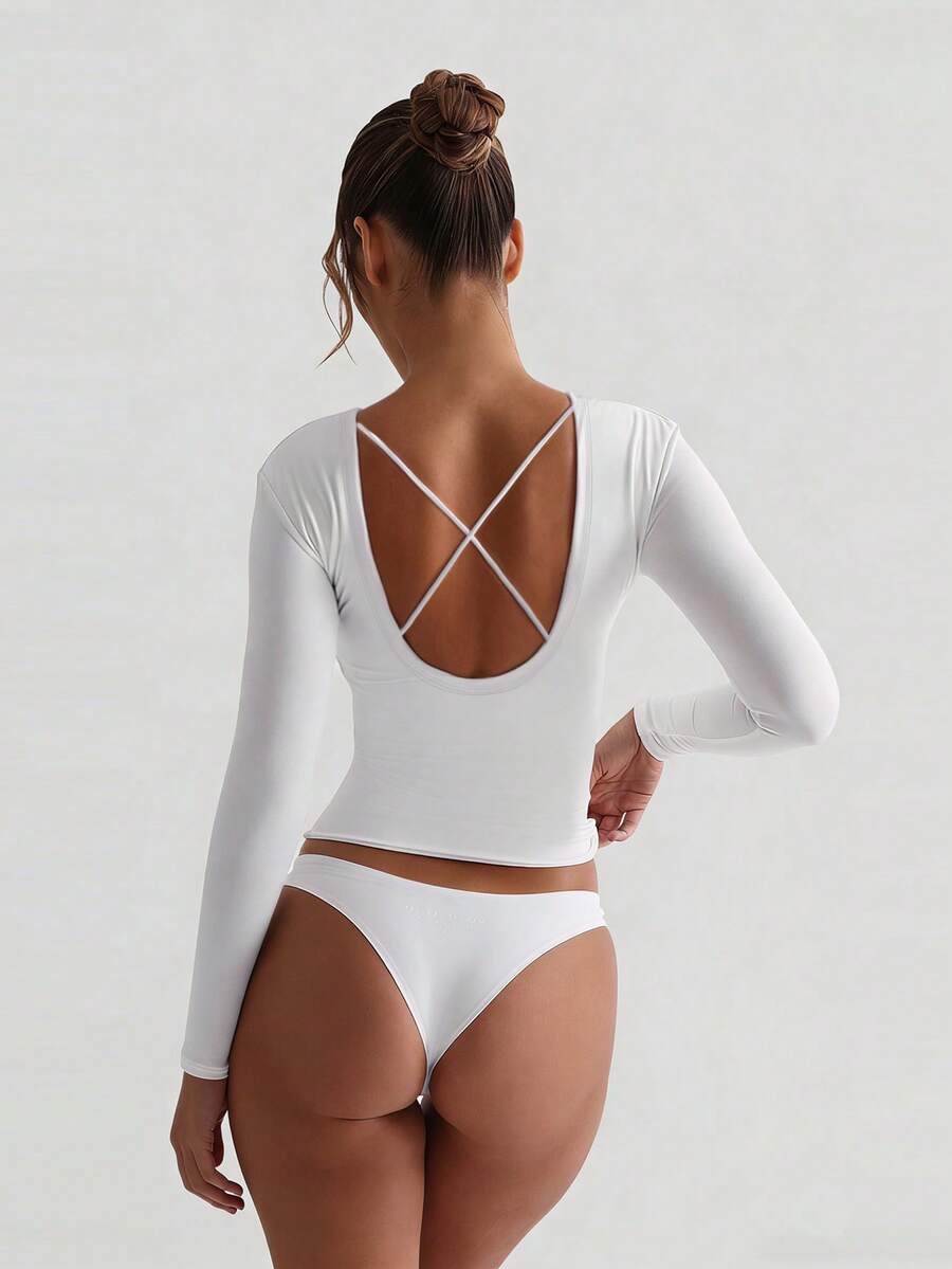 性感露背白色弹力长袖修身T恤，女士款，秋冬季休闲春季款 - 白色 - 查看 1