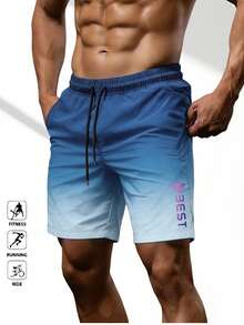 Pantalones cortos de verano casuales para hombre, pantalones cortos bermudas minimalistas de color contrastante, a juego en pareja - Azul - Ver 5
