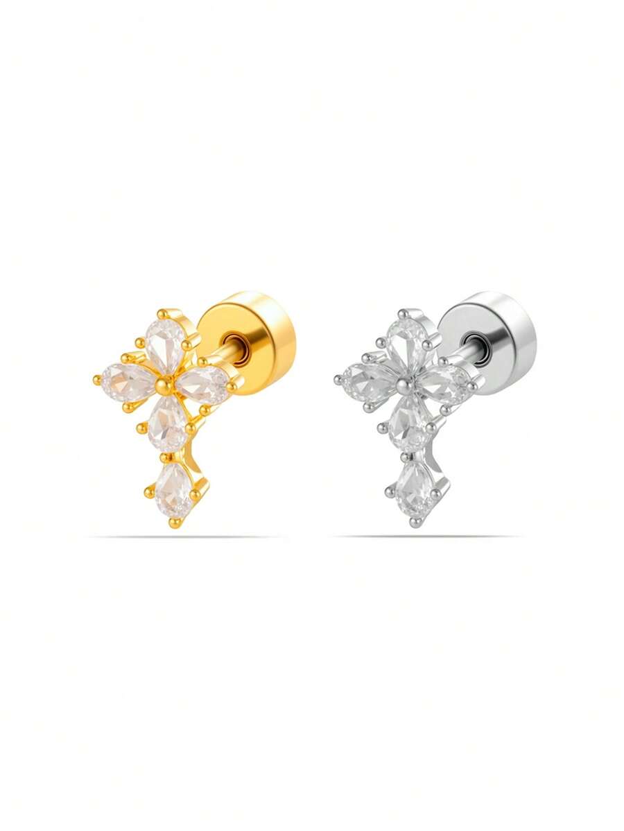 Toppiercing 1pc Versatile Micro-Inlaid Zirconia Cross Stainless Steel Shaft Soft Cartilage Piercing Earring - Multicolor - View 1