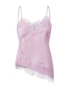 Women Satin Lace Camisole Top Sleeveless Spaghetti Strap Silk Lace Trim Cami Top Asymmetrical Tank Top Streewear - 粉色 - 查看 4