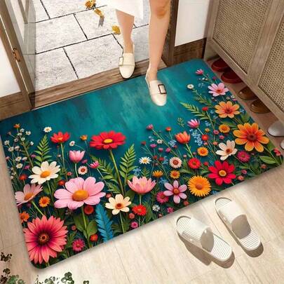 1pc Spring Floral Theme Outdoor Doormat, Home Decor Entrance Mat, Oil Painting Gradient Wood Grain Background Design Spring Doormat, Garden Style Floor Mat, Multicolor Floral Decor, Forest Entryway Rug, Artistic Foyer Floor Mat