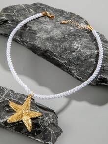 1pc Bohemian Style Polyester Rope Zinc Alloy Starfish Pendant Necklace, Perfect Gift For Beach Vacation - 26700-white - View 4