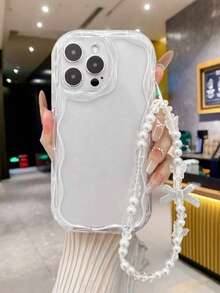 极简透明手机壳+蝴蝶结珍珠链手机壳挂绳套装，兼容 17、16、15、14、13、12、11 Pro Max、14、15、16 Plus、XS、XR、X、8、7 - 無色 - 查看 2