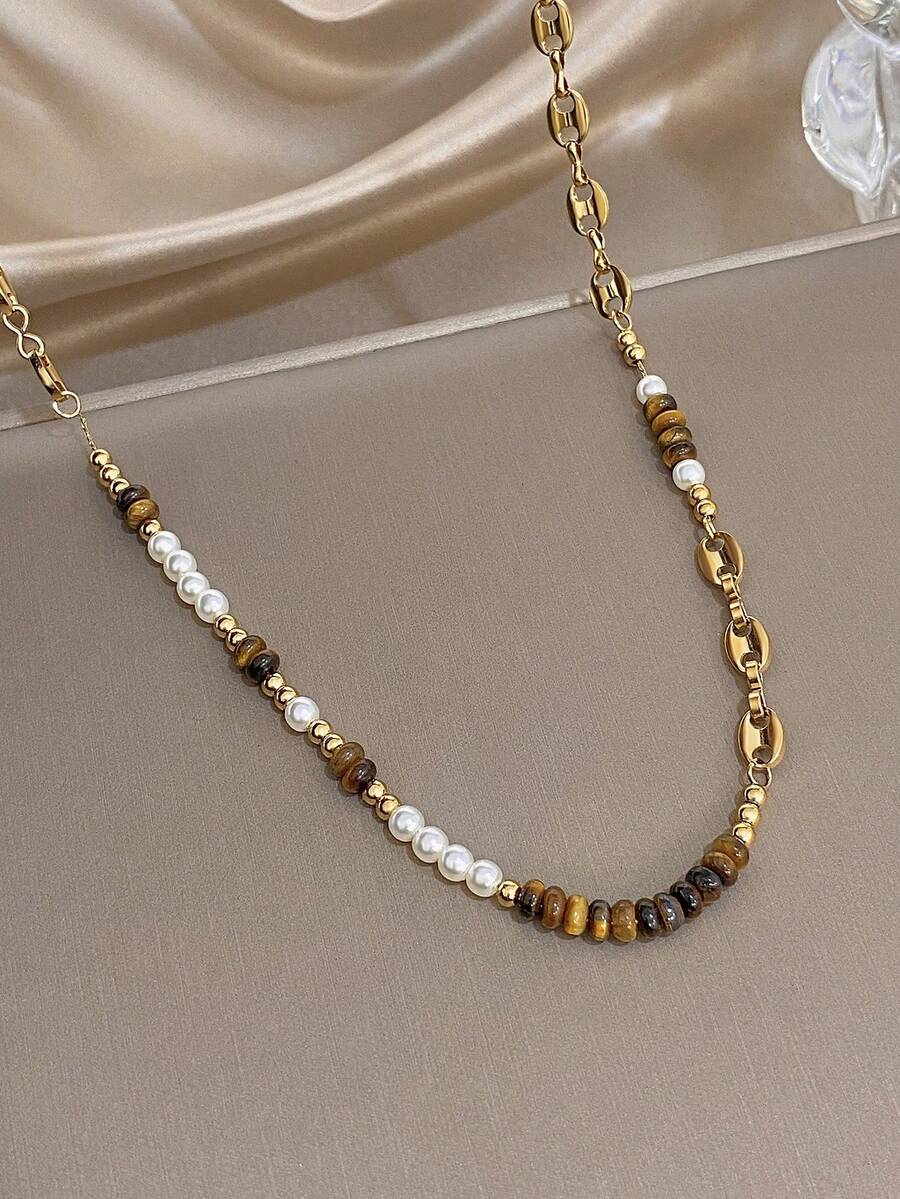 1件复古简约仿虎眼石项链，金色链条，不锈钢链，女士项链，适合圣诞节、日常佩戴、派对、母亲节等场合，可作珠宝礼物。 - 彩色 - 查看 1