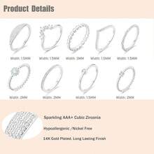 14K Silver Plate StacFKing Rings Set For Women V Opal Flower CZ Rings Simple Thumb Thin Stackable Rings Silver Statement Rings Plain Band Size 4-11 - SilverTone - View 4