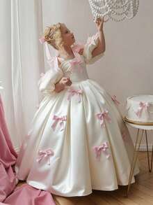 Young Girl White & Pink Patchwork Bow Puff Sleeve Party Dress, Elegant Princess Dress Suitable For Girls Birthday Party, Flower Girl Wedding, Bridesmaid, Prom, Easter, Graduation - 白色 - 查看 2