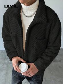 DIYIE 1件裝男士單排口袋休閒抓絨夾克，灰色秋冬外套，1件裝男士寬鬆版型紋理舒適居家夾克，男士提花長袖夾克，尺碼偏大，寬鬆版型夾克 - 黑色 - 查看 9
