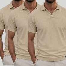 Kit Of 3 Textured Italian Polo Shirts Without Buttons, Slim Sleeves. - Beige, Beige and Beige - View 6