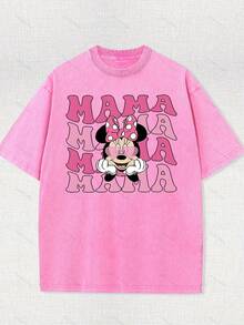 Disney Authorized | Retro Minnie Mouse Mommy T-Shirt -100% Cotton Washed Unisex Short Sleeve Casual Shirt-Machine Washable-Perfect Summer Birthday Gift For Fans-Daily Comfort-Classic Print Durable. - 玫紅色 - 查看 1