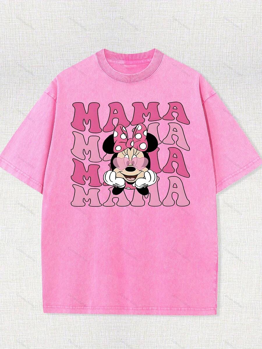 Disney Authorized | Retro Minnie Mouse Mommy T-Shirt -100% Cotton Washed Unisex Short Sleeve Casual Shirt-Machine Washable-Perfect Summer Birthday Gift For Fans-Daily Comfort-Classic Print Durable. - 玫紅色 - 查看 1