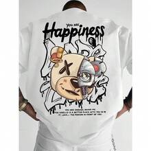 Camiseta Camisa Básica Algodão Unissex Happiness Urso Estilo De Rua Streetwear Promoção Envio Rapido - Branco - Visão 1