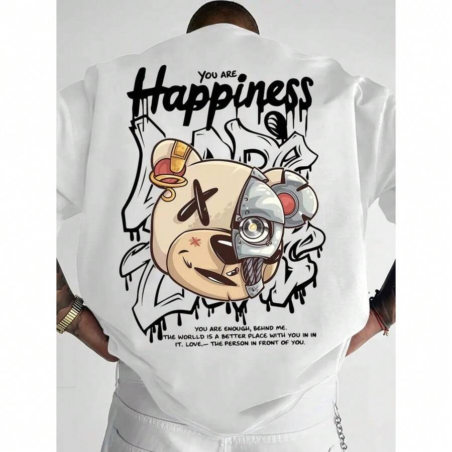 Camiseta Camisa Básica Algodão Unissex Happiness Urso Estilo De Rua Streetwear Promoção Envio Rapido - Branco - Visão 1