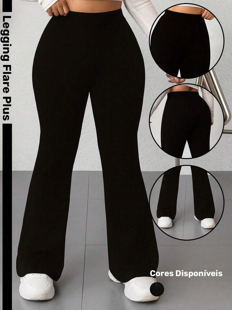 Women's Plus Size Flare Leggings, Wide Leg, Perfect Fit, High Waist, Black - màu đen - Xem 1