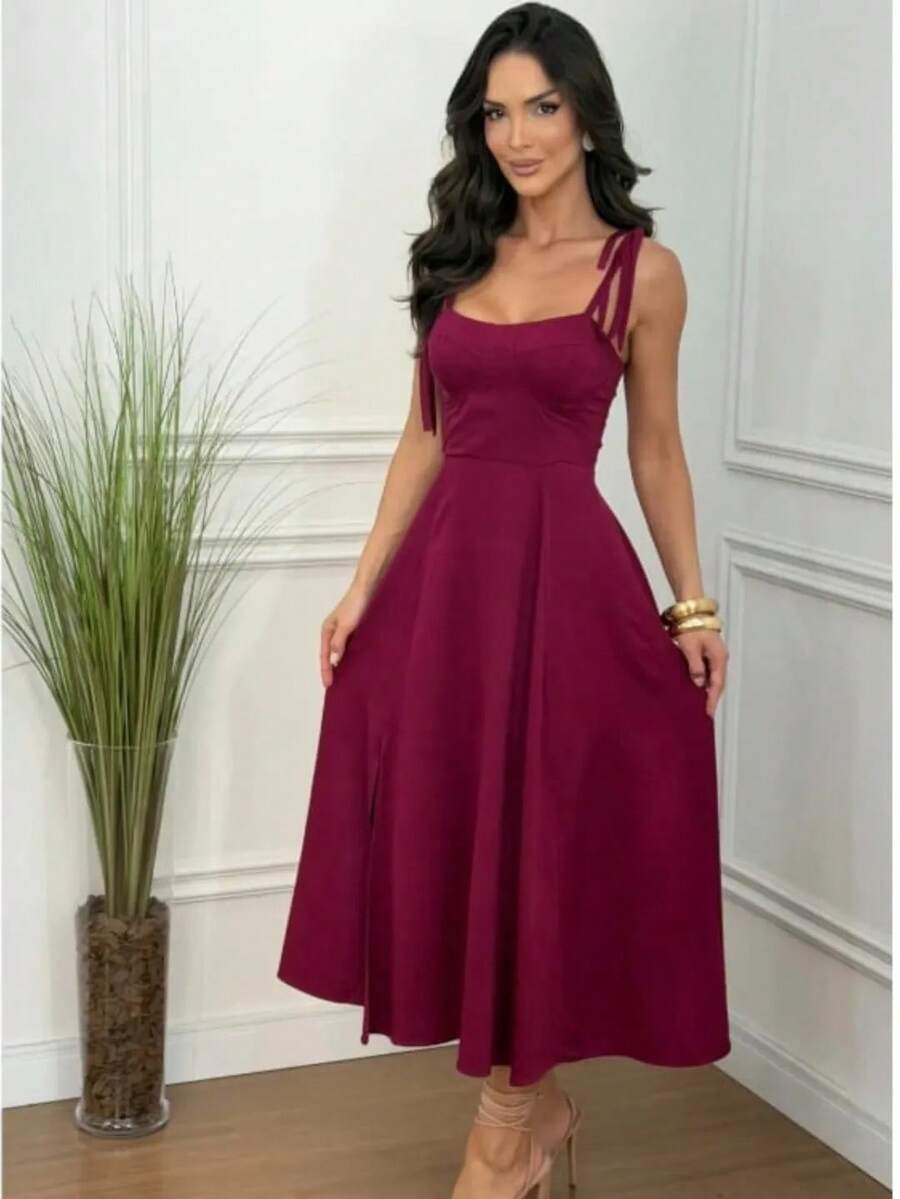 Sensual Midi Dress With Side Slit + Thin Straps • Casual Elegant • Winter • Sophisticated • Formal And Evening - Gỗ đỏ - Xem 1