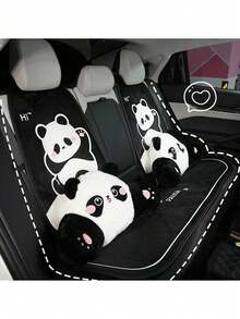 1pc Universal Car Seat Cushion, Plush Warm Panda Design Soft Comfortable Car Seat Protector With Neck Pillow, Suitable For Most Vehicles,Car Accessories - Black - View 3