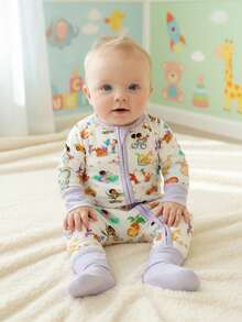 MIOZING  Bamboo Viscose Baby Romper With Two-Way Zipper,Cute Dino Print, Breathable & Cozy,Breathable Long Sleeve Jumpsuit Sleepwear For Boys Girls 0-24M - 淡紫色 - 查看 3