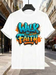 Walk By Faith Graphic Tee, Spring, Soft Cotton, Relaxed Fit, Street Hip-Hop, Breathable - White - View 2