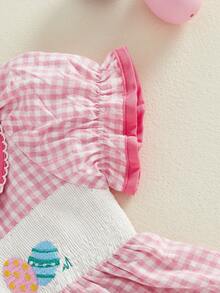 Vestido de Pascua para niñas pequeñas, informal, con conejo, huevos de Pascua bordados, cuello de muñeca, manga corta, a cuadros - Rosa - Ver 5