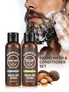 檀香胡须洗发水和胡须护发素套装，蕴含摩洛哥坚果油和荷荷巴油 - 强韧并柔顺胡须，散发天然檀香香气 - 含胡须油的胡须洗发水，情人节礼物 - Beard Care Set - 查看 1