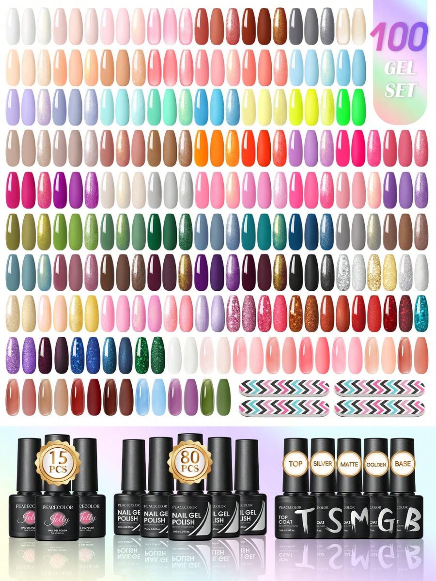 peacecolor 100 Colors Gel Nail Polish Set, Spring & Summer Gel Nail Polish Green Nude Transparent Beginner Home Use Full Set, Long-Lasting Removable Nail Gel, Holiday Gift - Multicolor - View 1